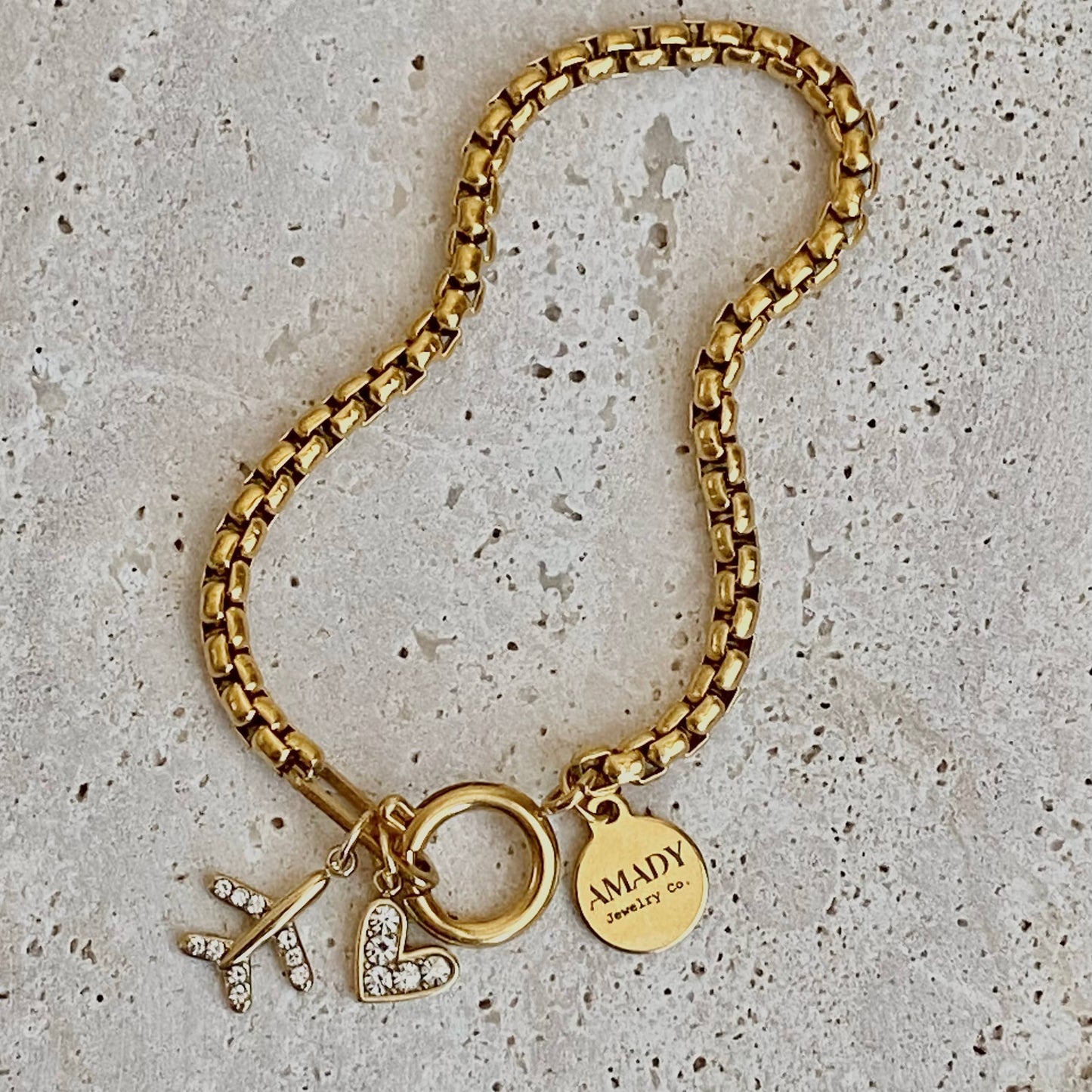 Traveler travel Bracelet airplane plane heart gold plated 