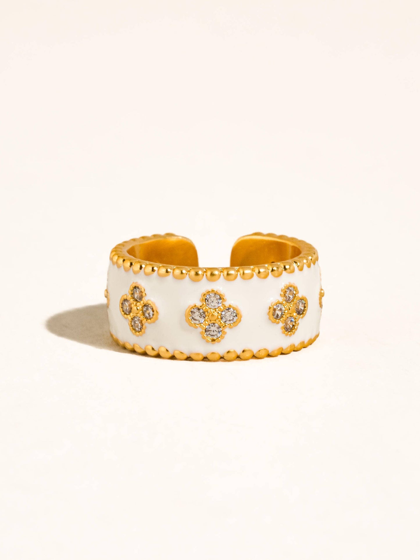 Satin 18K Gold Vintage White Enamel Floral Band Ring: White