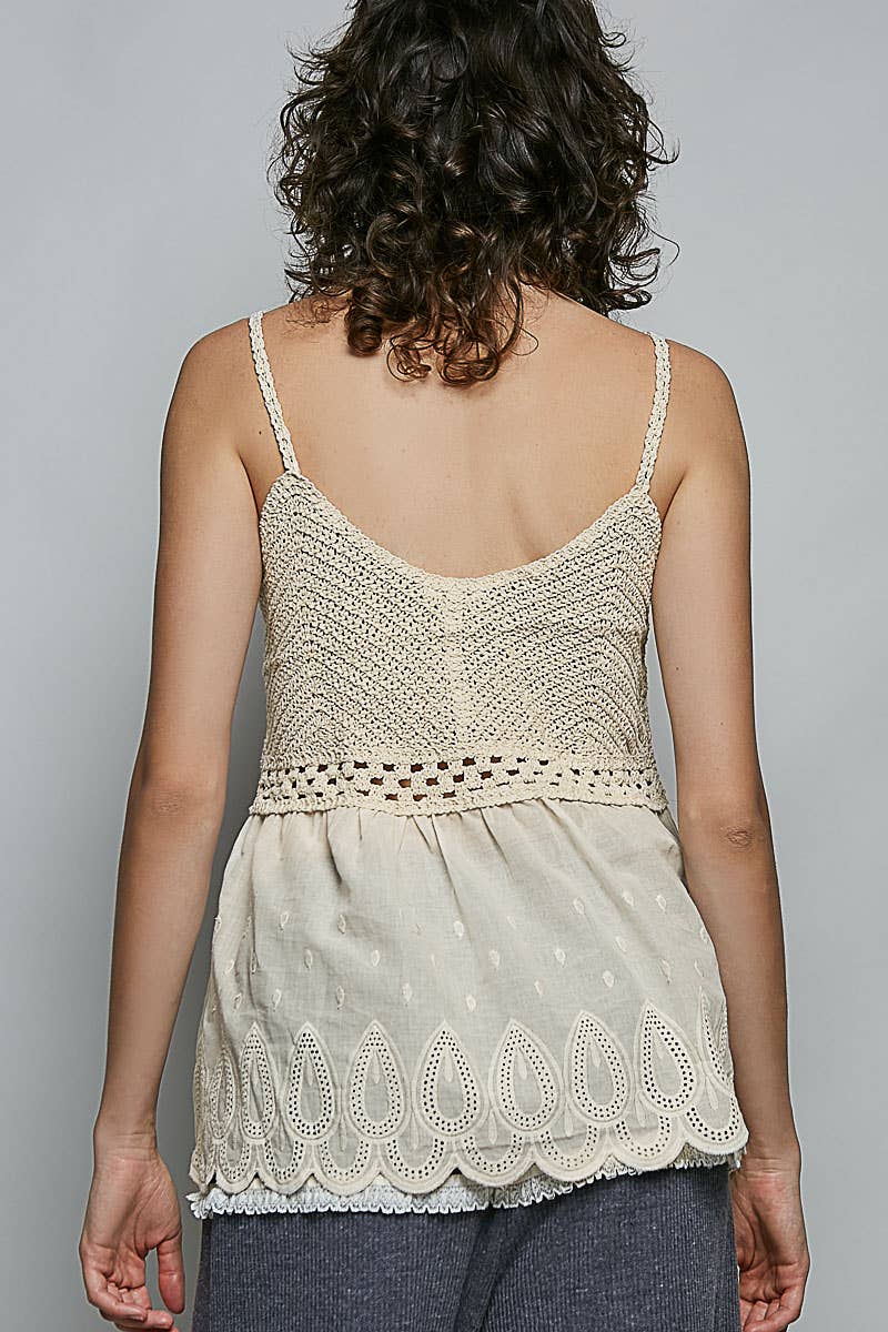 Round Neck Sleeveless Eyelet Ruffle Embroidered Crochet Top: NATURAL / Os