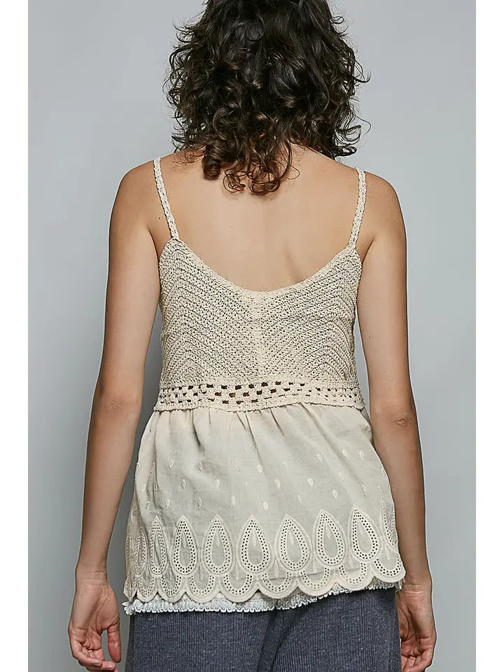 Round Neck Sleeveless Eyelet Ruffle Embroidered Crochet Top