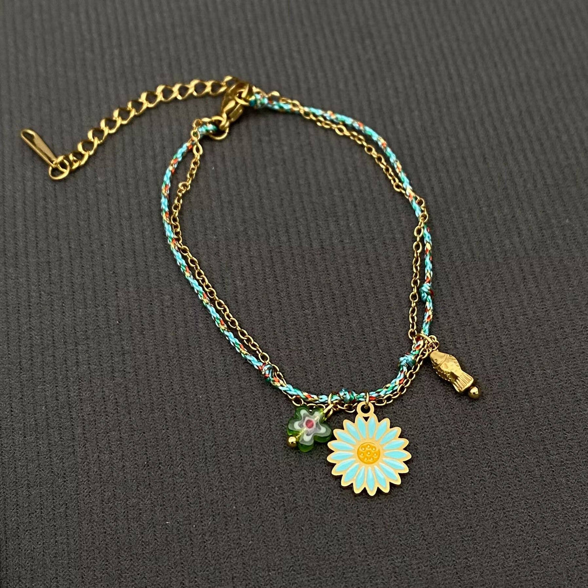 Daisy Charm 18K Golden S.Steel Woven Rope Bracelet - FGS: Orange
