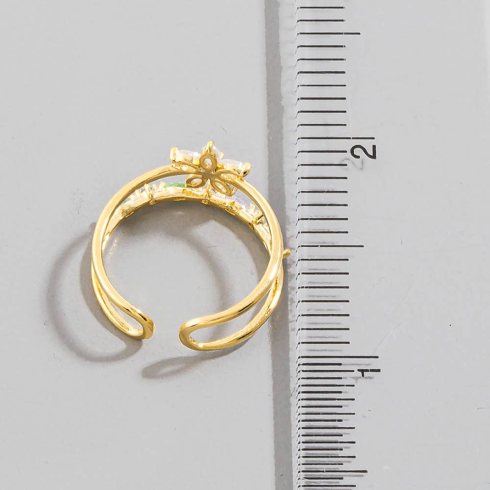 Gold Dipped Cz Flower Studded Two Row Ring: G