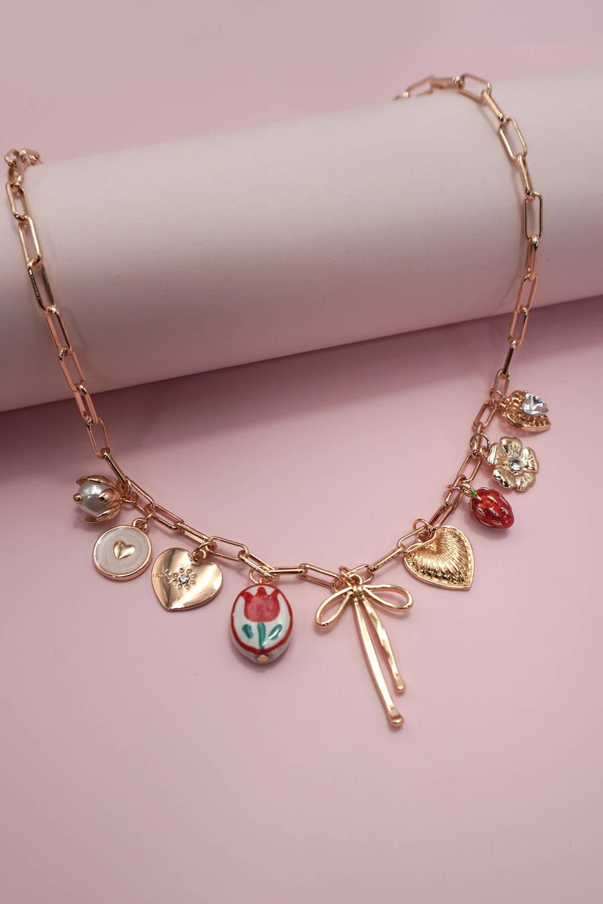CHARM NECKLACE-BOW TOILE FLORAL HEART RHINESTONE | 80N91645: GOLD