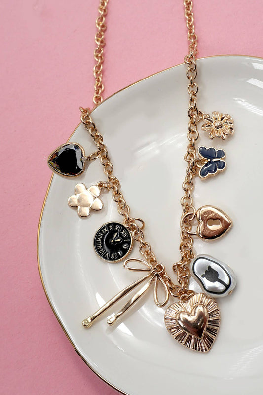 CHARM NECKLACE-HEART CLOCK BOW LOCK CHARMS | 80N91815: GOLD