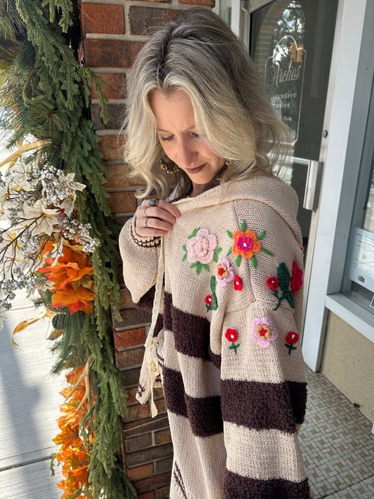 Striped pattern 3D embroidered hoodie zip-up sweater top