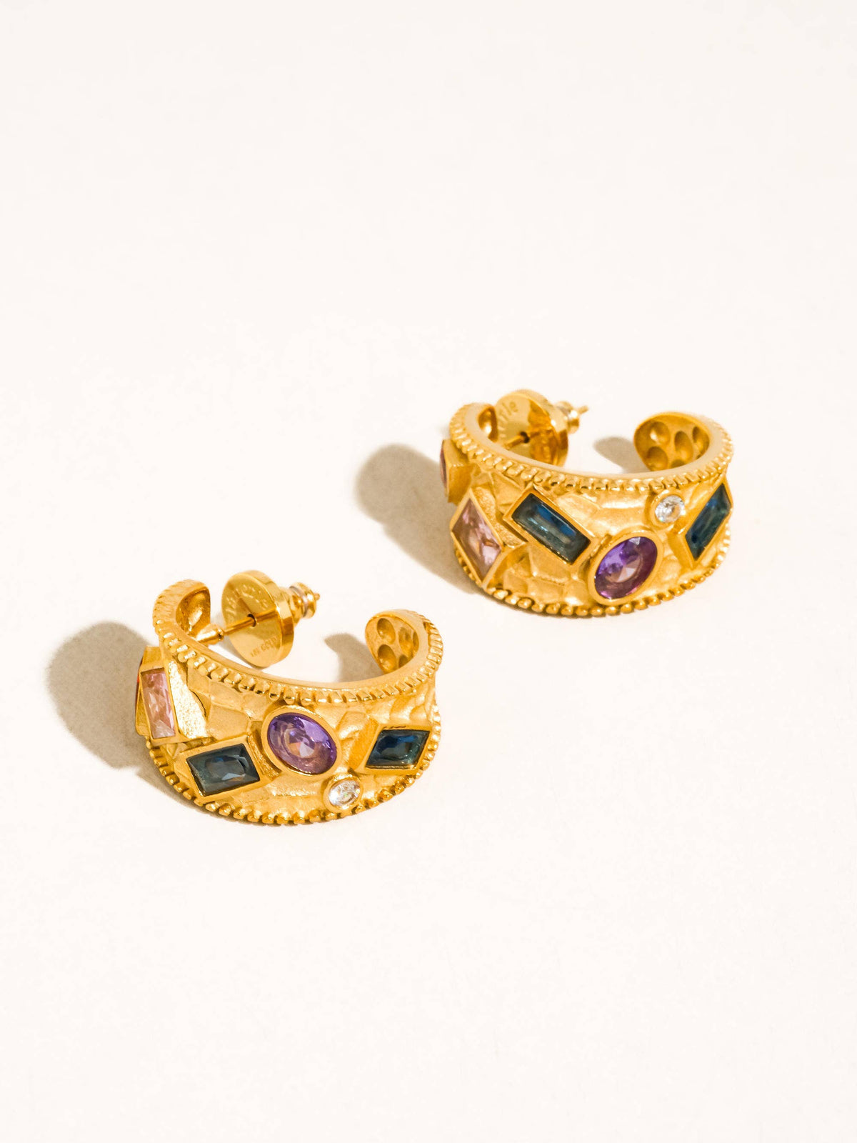 Delmare 18K Gold Non-Tarnish Vintage Gemstone Hoop Earrings: Yellow