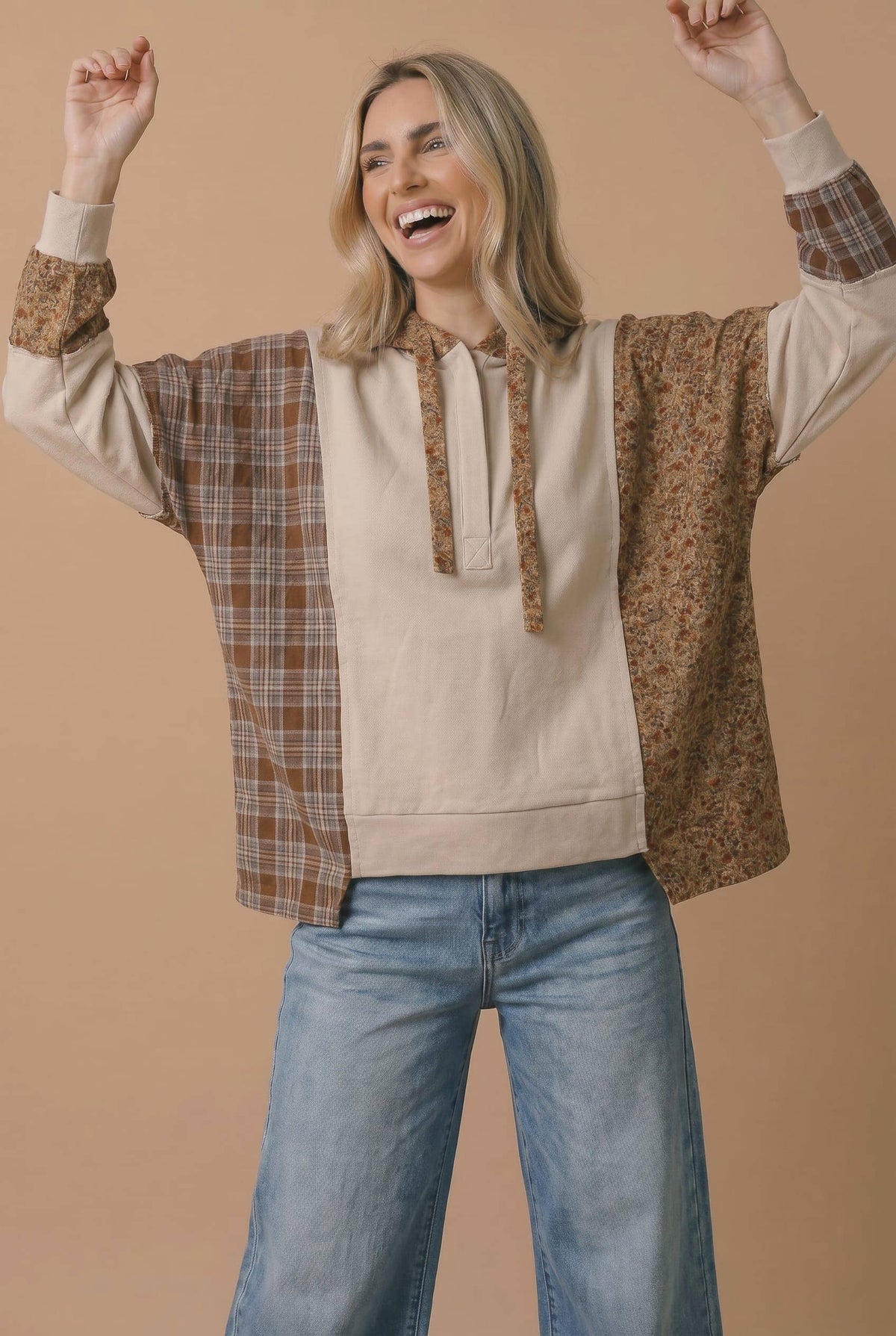 Plaid Floral Color Block Hoodie