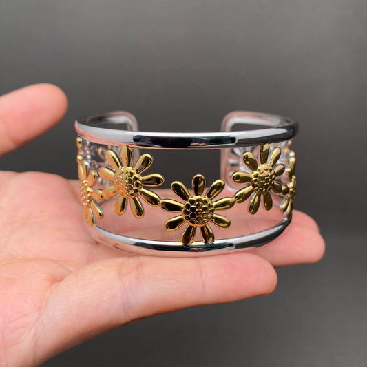 Two Tone Sunflower 18K Gold Plated Stainless Steel Cuff -FGS