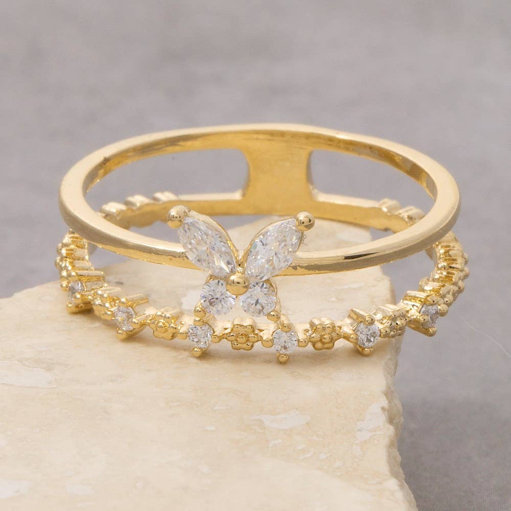 Two Row Gold Dipped Cz Butterfly Ring: G