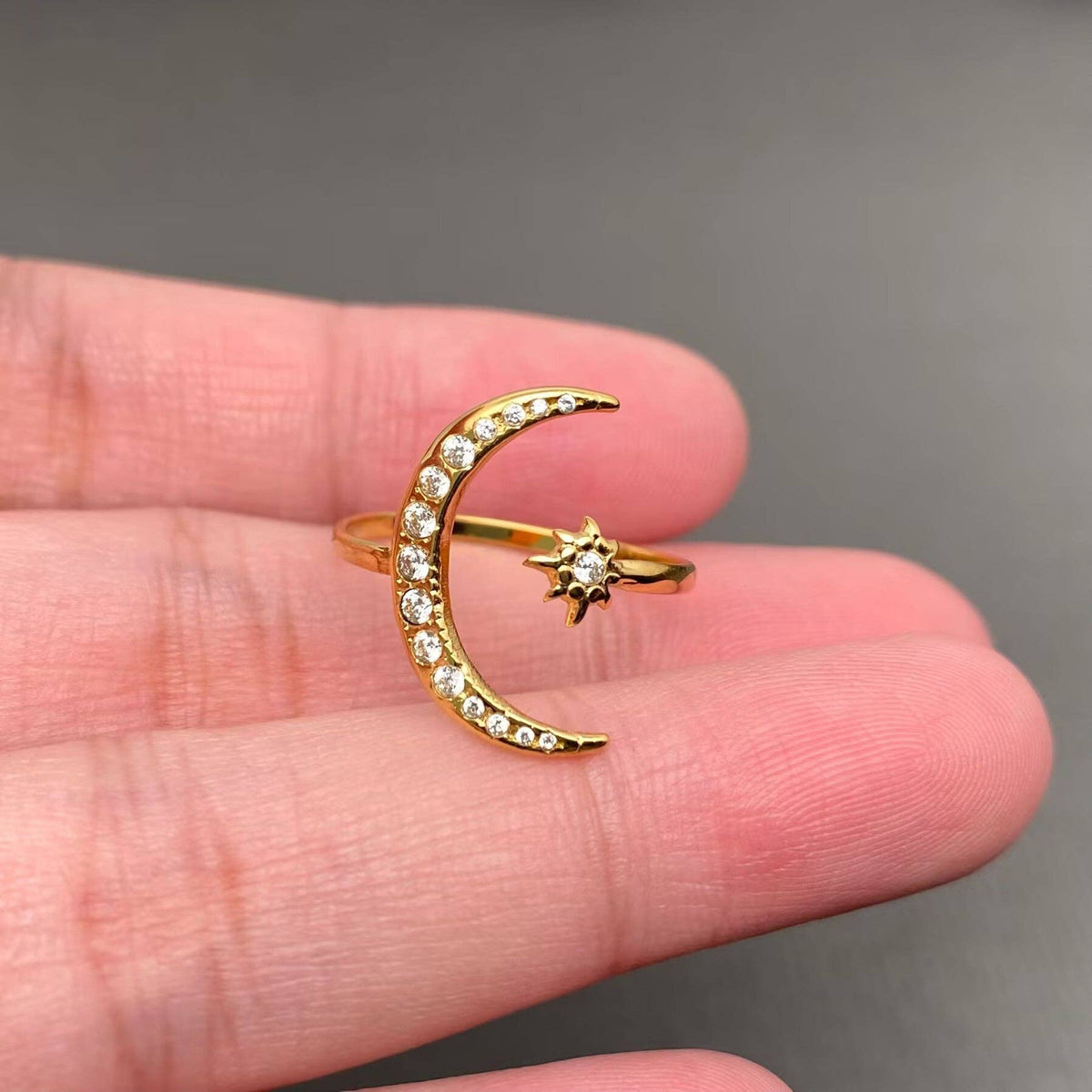Inlaid CZ 18K Gold Plated SS Star Moon Adjustable Ring -FGS/MS