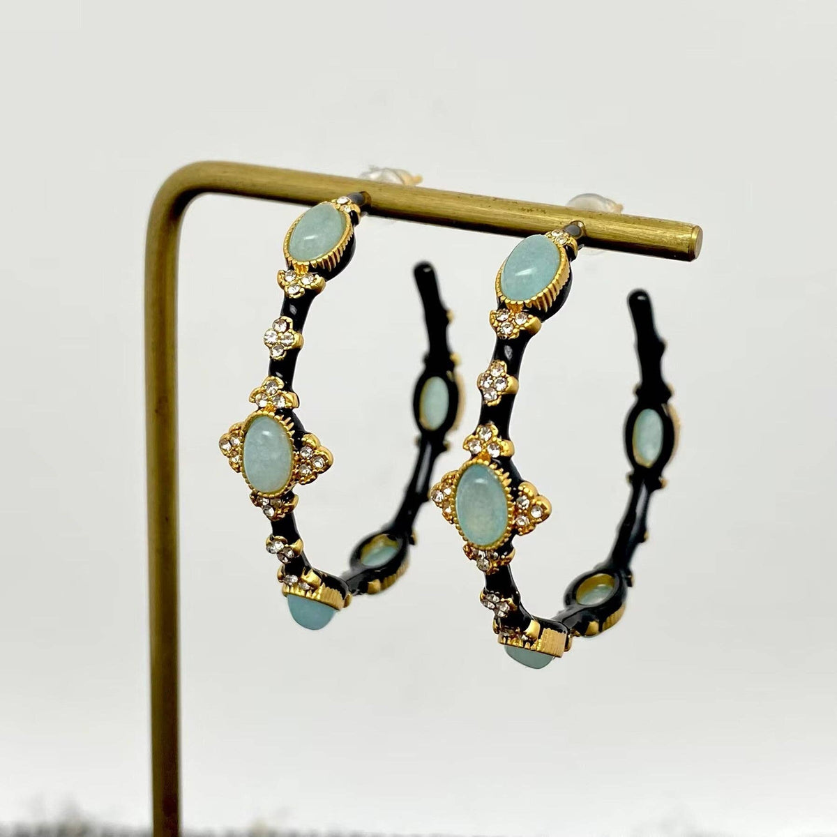 Green Aventurine Black Enamel 18K Gold Plated Hoop Earrings