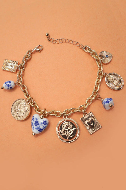 BLUE CERAMIC PORCELAIN COIN CROSS CHARM BRACELET | 80B1341: Gold