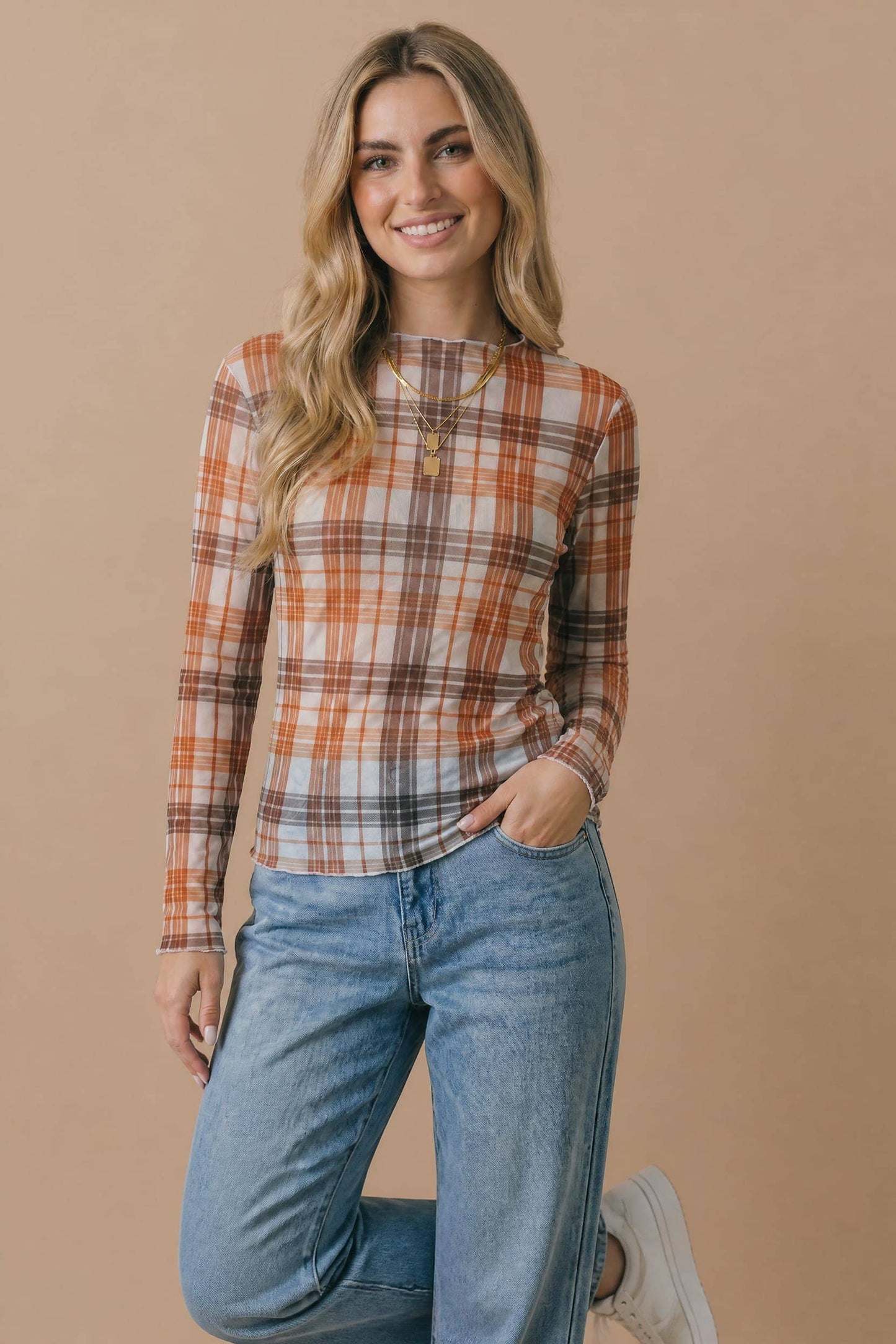 Plaid Mesh Semi-Sheer Top