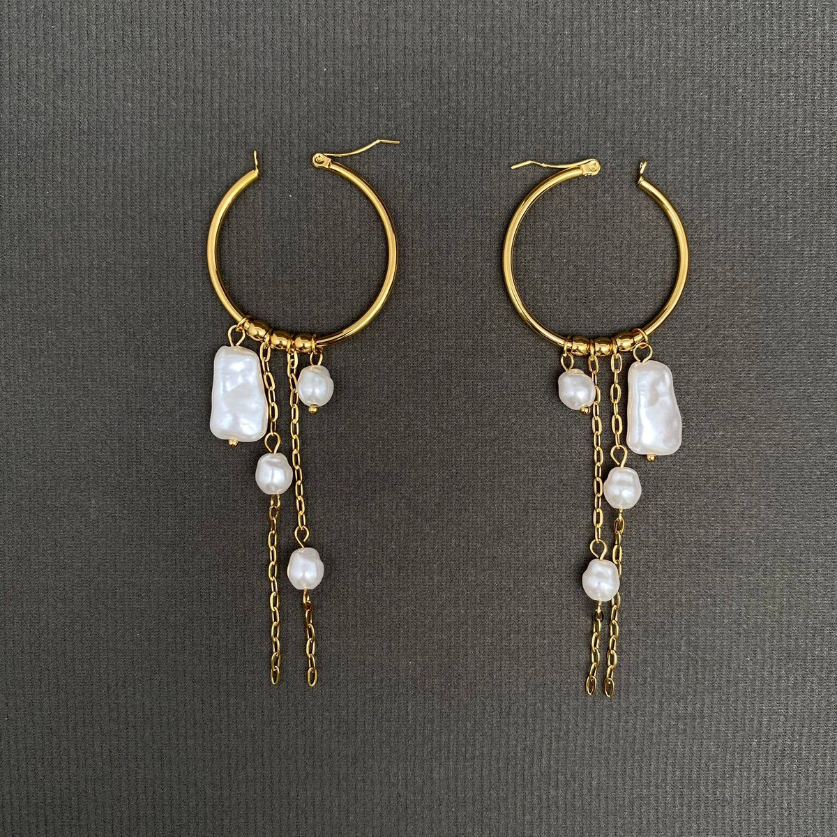 Pearl Fringe 18K Gold Plated S.Steel Hoop Earrings - FGS