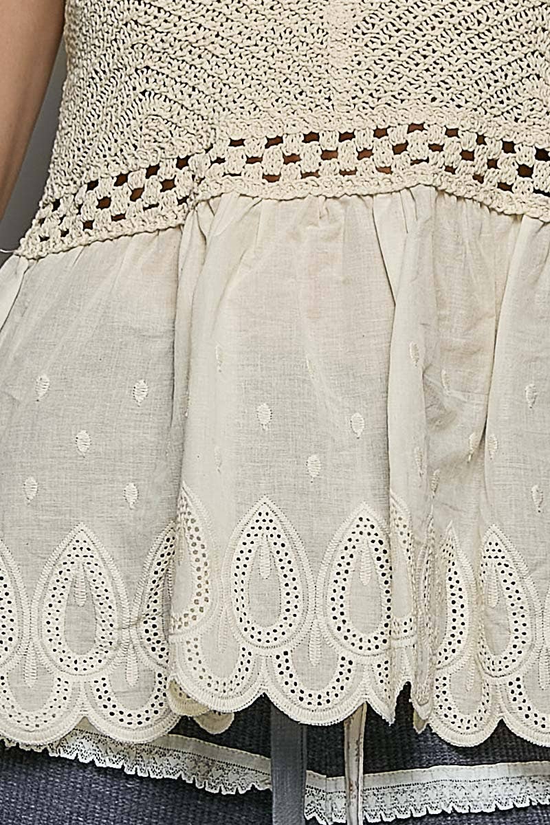 Round Neck Sleeveless Eyelet Ruffle Embroidered Crochet Top: NATURAL / Os