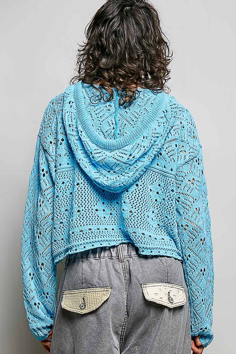 Chenille Crochet Lightweight Pullover Hoodie Sweater: NATURAL / M