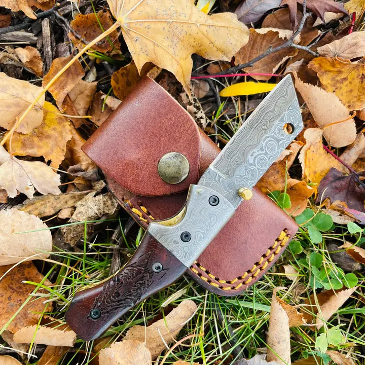 Damascus Steel Handmade Folding Knife Wolf Engraved