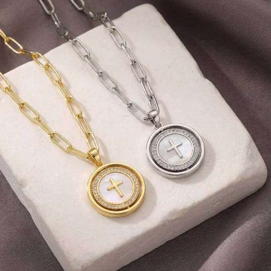 Stainless Steel Cross Disc Pendant Necklace: GMOP