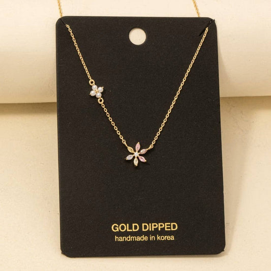 Gold Dipped Cz And Pearl Flower Charms Chain Necklace: G