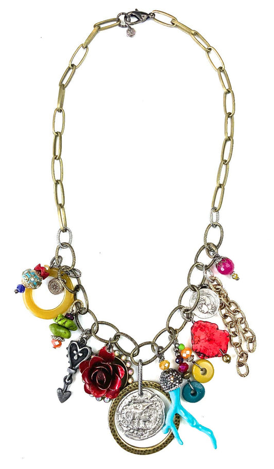 NK-Chunky Chains with Mixed Charm Dangles Pendant Necklace