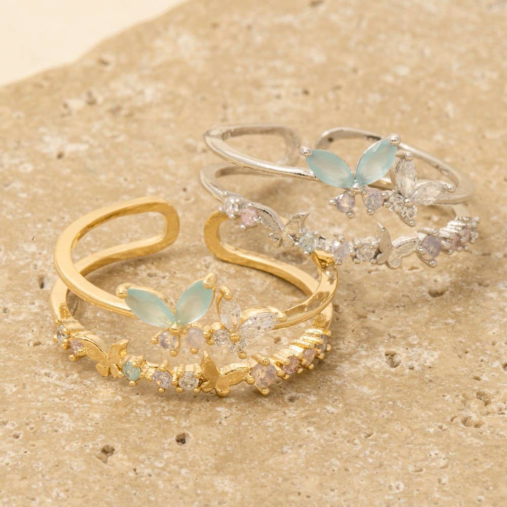 Gold Dipped Cz Butterflies Layered Open Band Ring: G