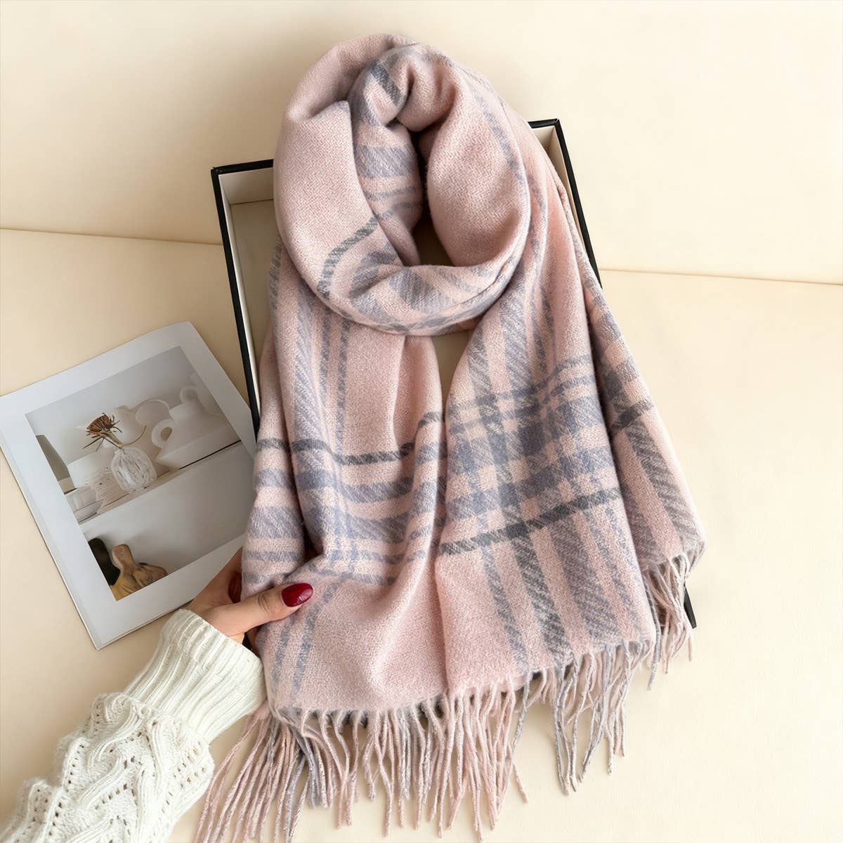 Minimal Plaid Soft Cashmere Feel Winter Scarf_CWASC03246: Pink / (OS) 1