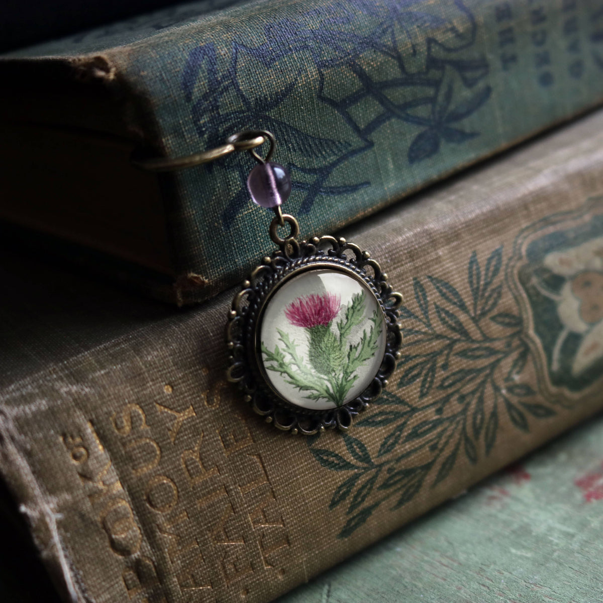 Scottish Thistle Glass Cabochon Bronze and Glass Bookmark