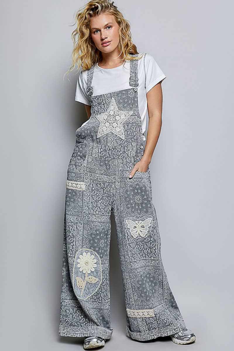 Floral Crochet Pearl Patch Roomy Fit Twill Overalls: FLORAL MULTI / M