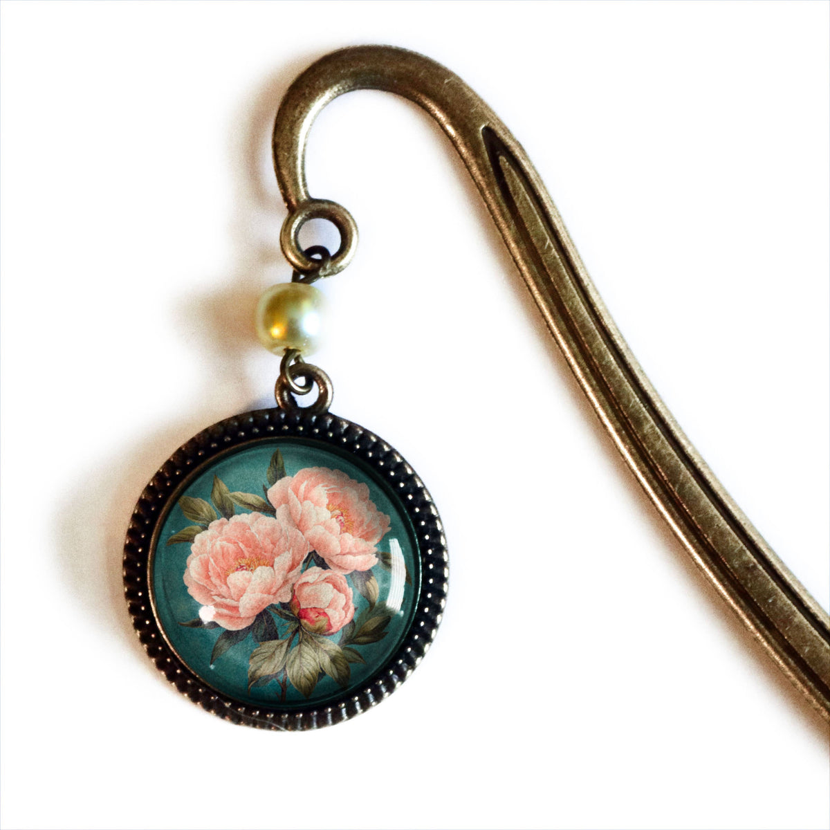 Pink Peony Bronze and Glass Cabochon Bookmark w/ Pearl Bead