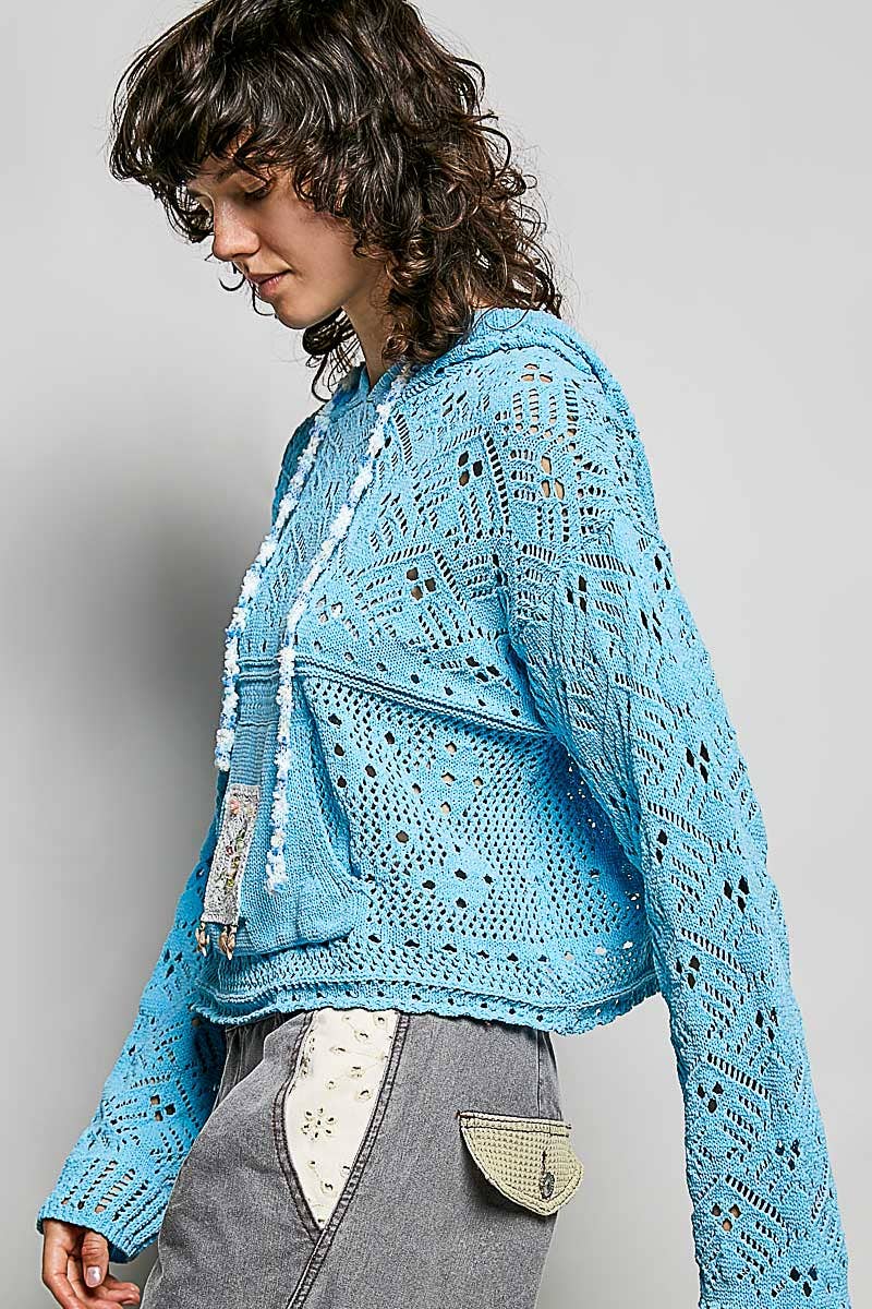 Chenille Crochet Lightweight Pullover Hoodie Sweater: NATURAL / M