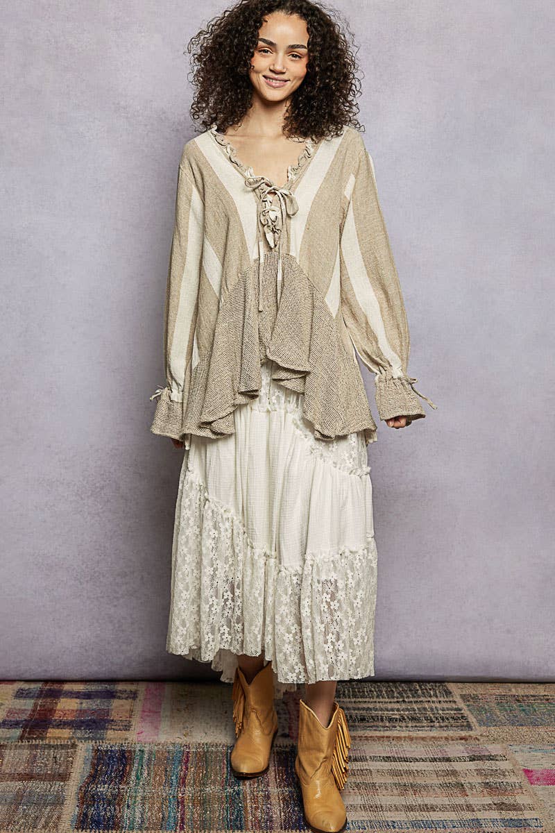 Ruffle Detail Linen Deep V-Neck Stripe Long Sleeve Top