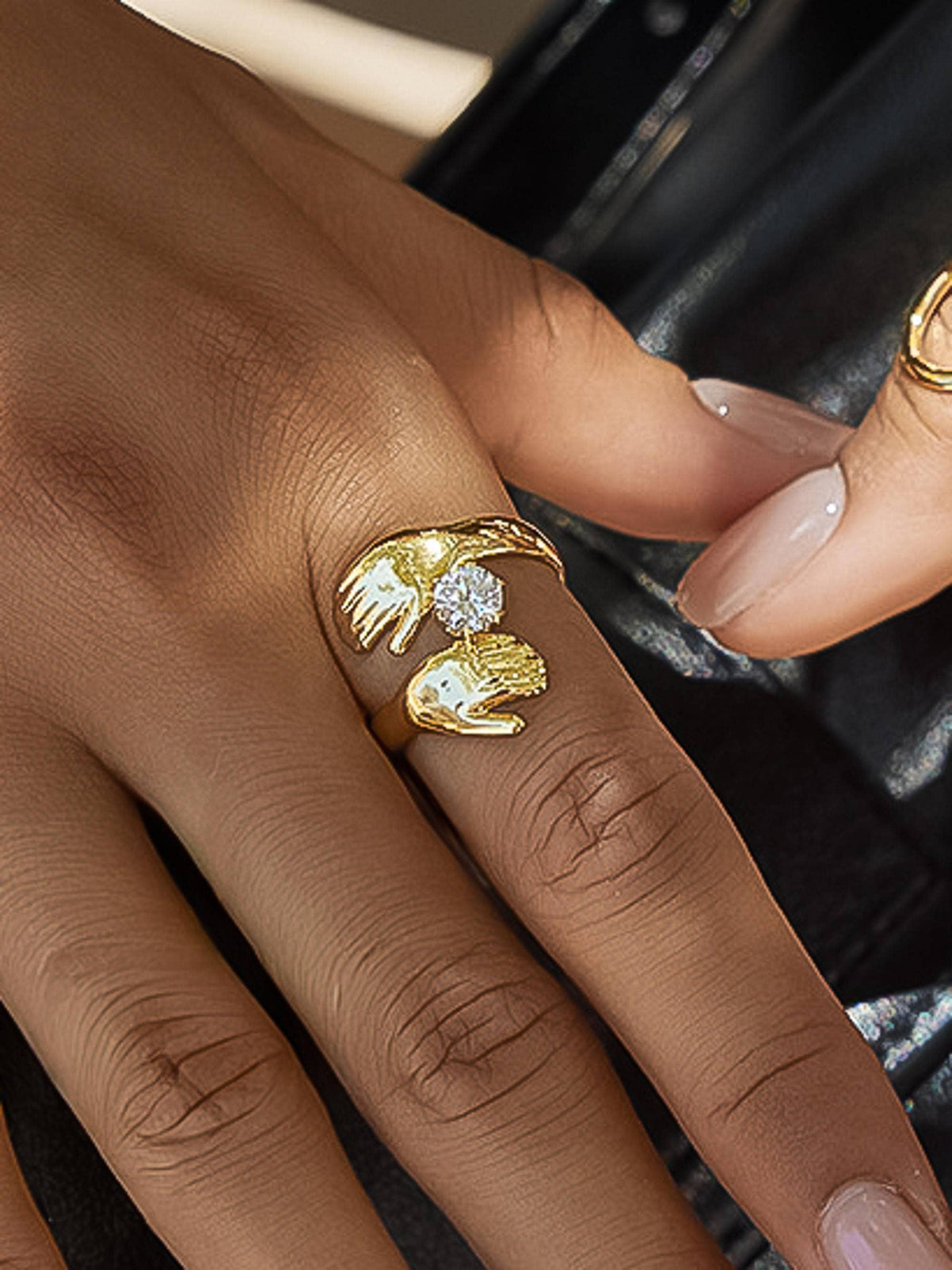 Zyne 18K Gold Non-Tarnish Hands Embrace CZ Ring: Yellow Gold
