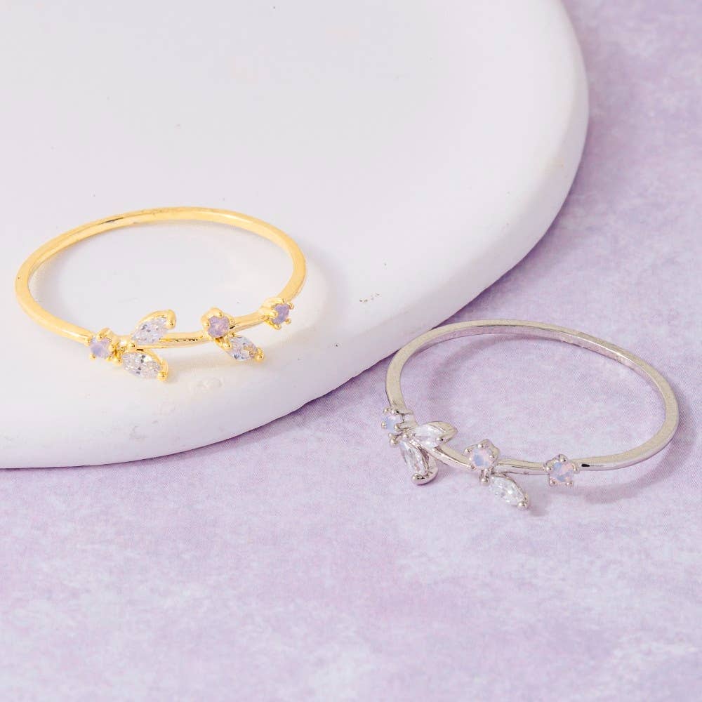Gold Dipped Cz Delicate Leaf Ring: G
