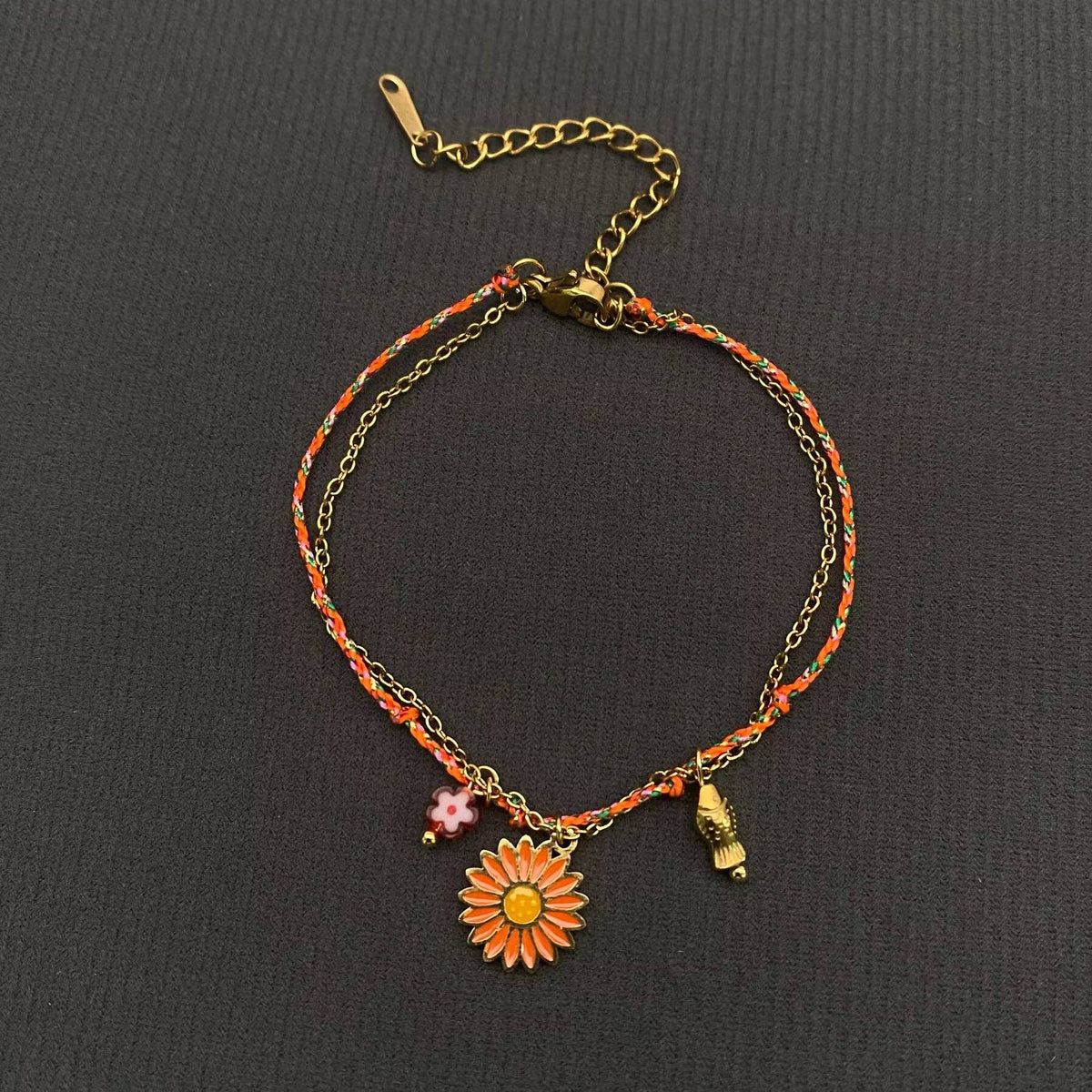 Daisy Charm 18K Golden S.Steel Woven Rope Bracelet - FGS: Orange
