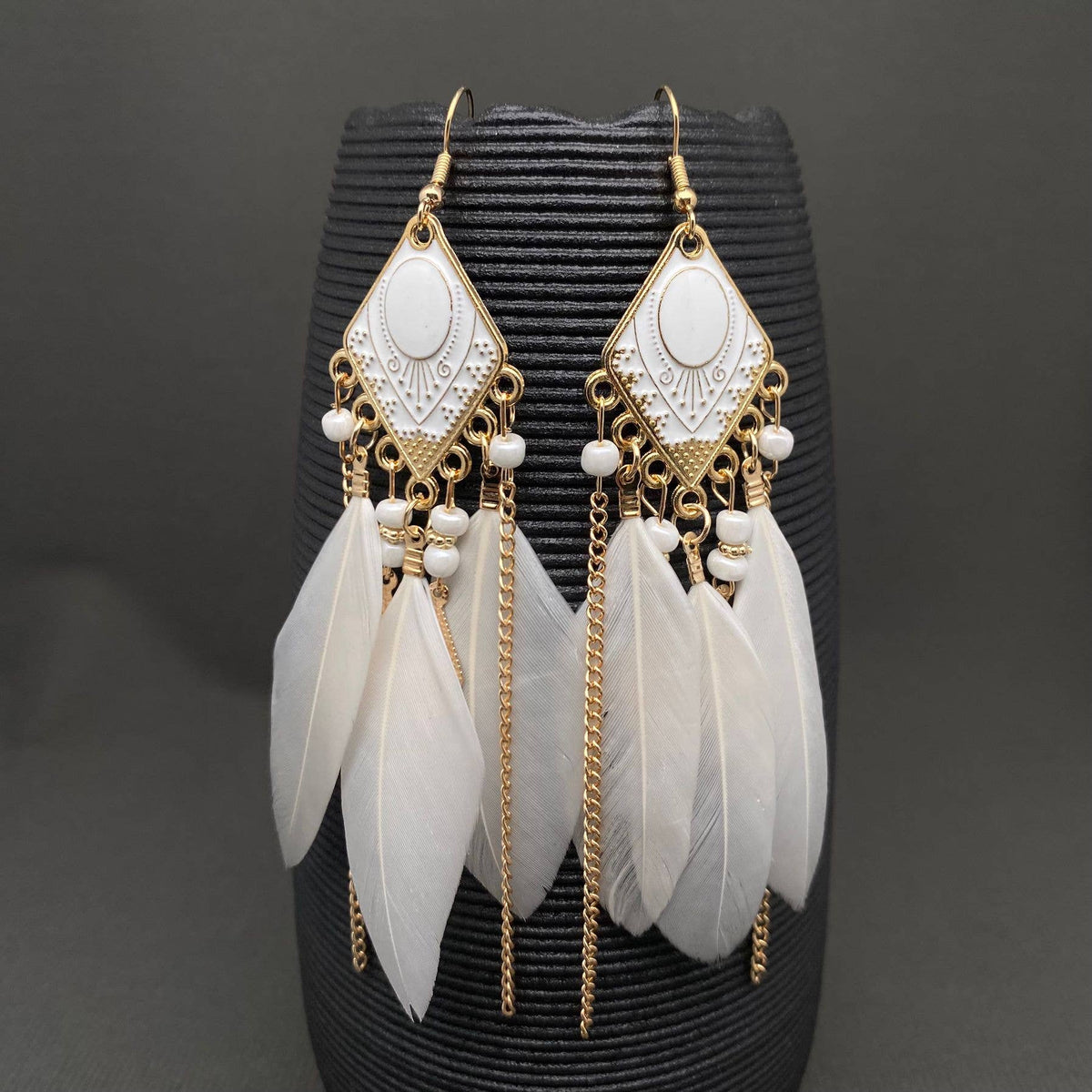 Multi-style White Feather Fringe Dangle Earrings: B