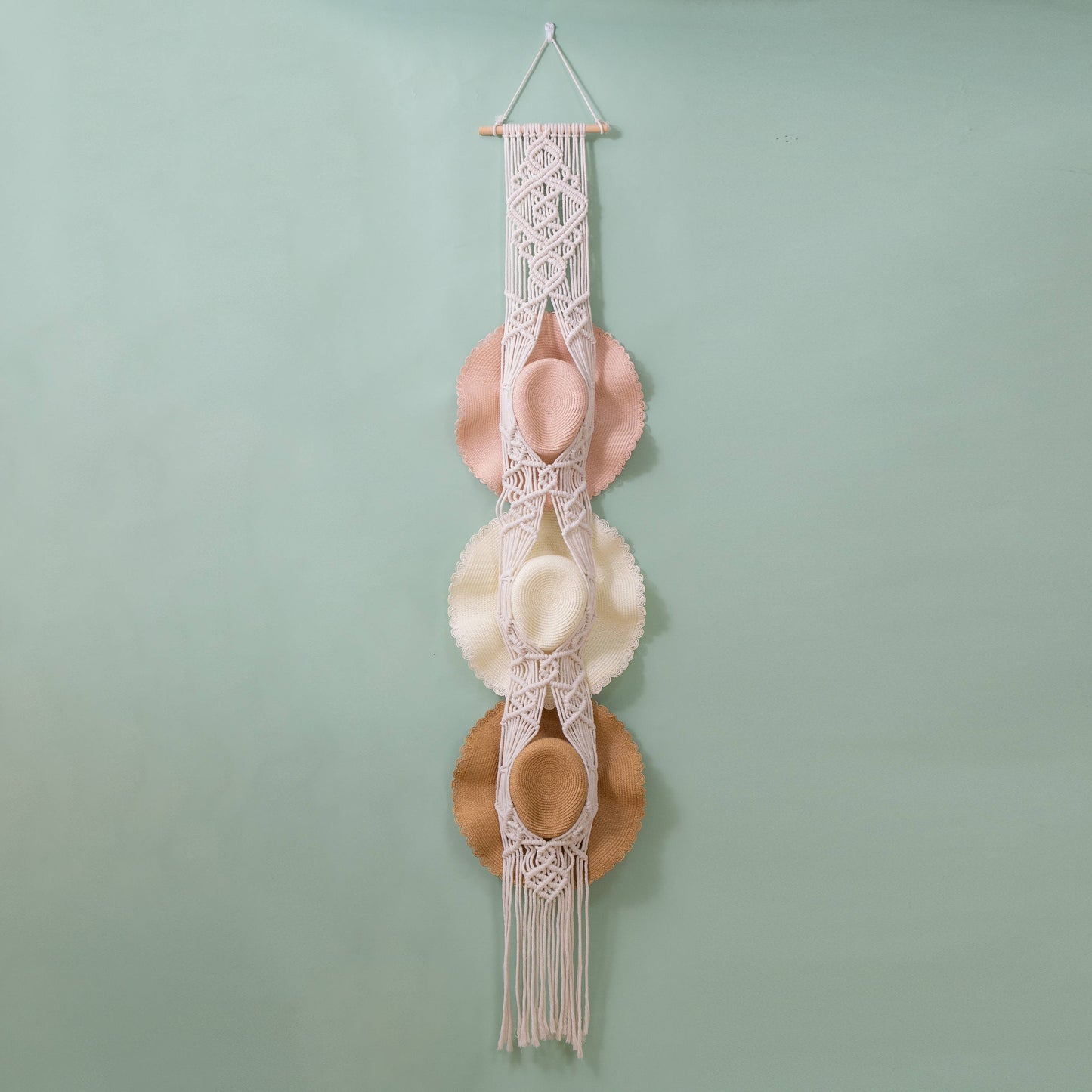 Handcrafted Macramé Hat Organizer  Wall Hanging - Diamond: Three Hat