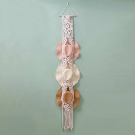Handcrafted Macramé Hat Organizer  Wall Hanging - Diamond: Three Hat