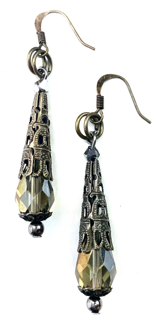 ER-Glass Tear with Filigree Cap Dangle Earrings on Wire