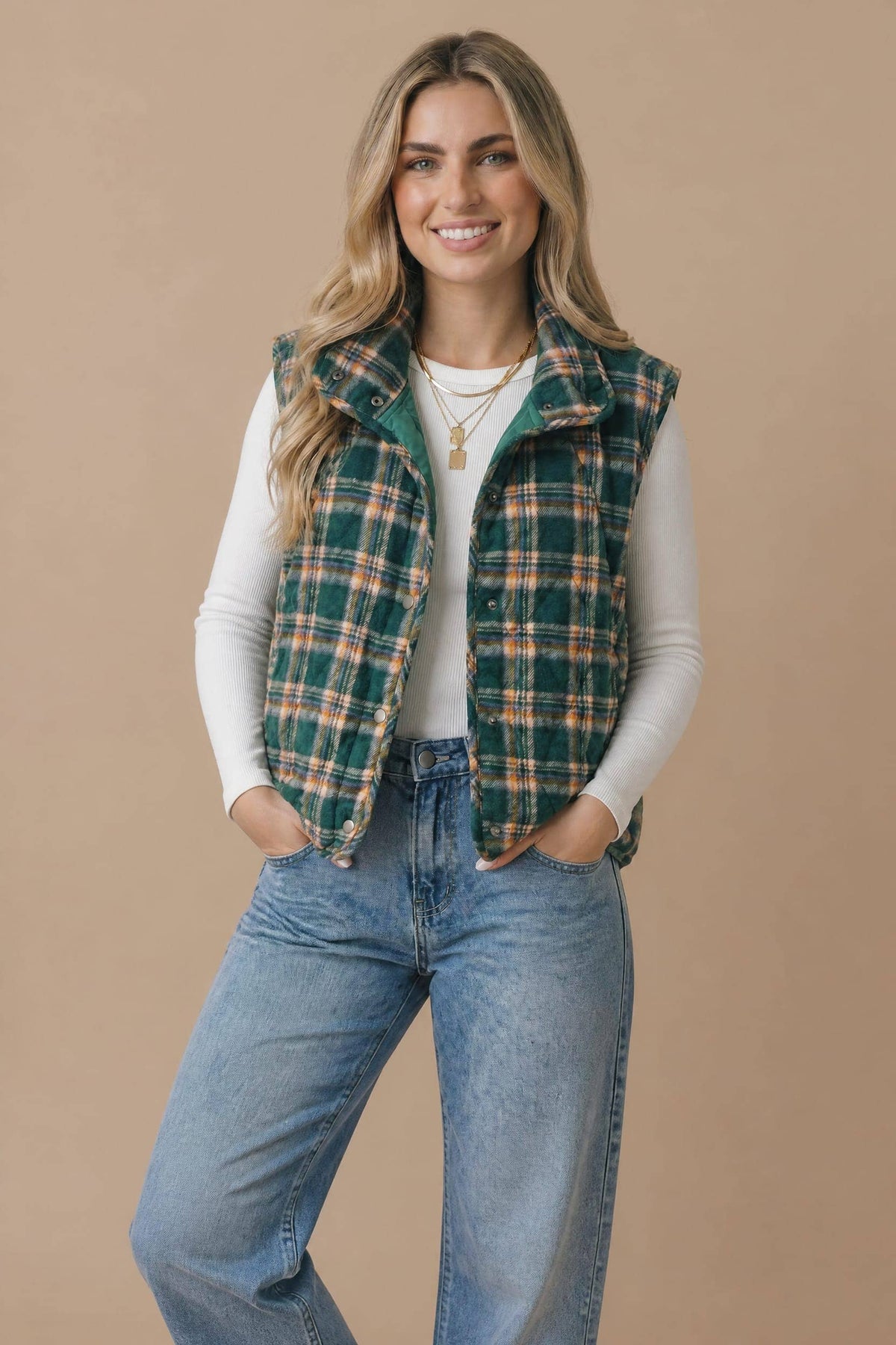 Snap Button Down Plaid Quilted Puffer Vest