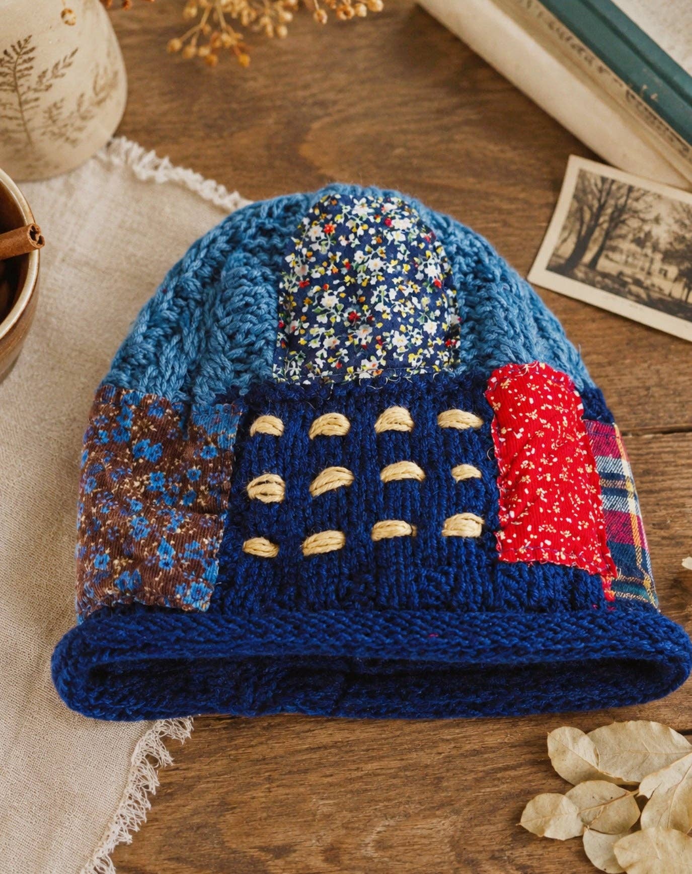 Reversible Handcrafted Patchwork Knit Hat with Plush Lining: Blue