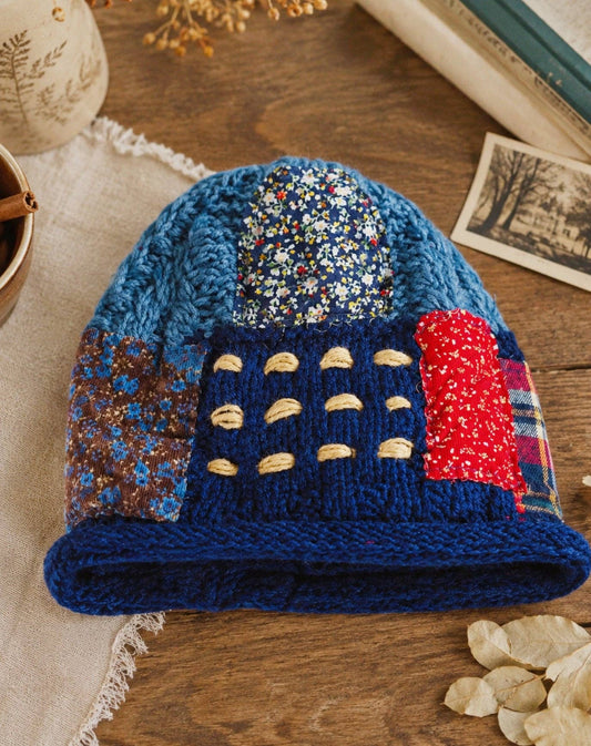 Reversible Handcrafted Patchwork Knit Hat with Plush Lining: Blue