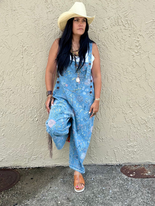 Floral denim overalls