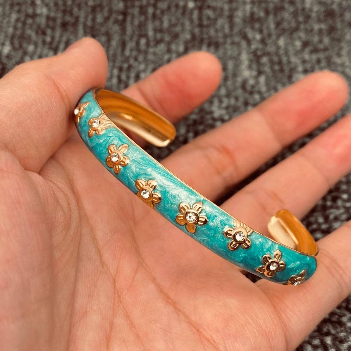 Enamel 18K Gold Plated S.Steel Flower Adjustable Cuff - FGS