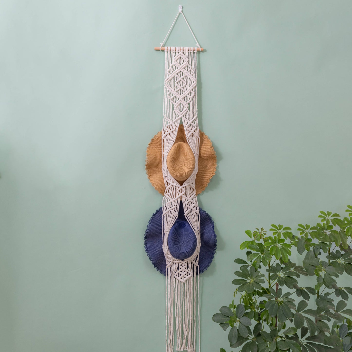 Handcrafted Macramé Hat Organizer  Wall Hanging - Diamond: Two Hats