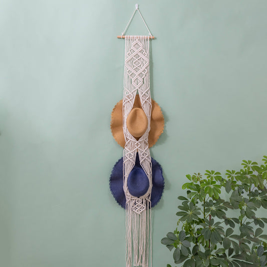 Handcrafted Macramé Hat Organizer  Wall Hanging - Diamond: Two Hats