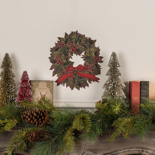 WREATH W/ RED BOW METAL WALL PLAQUE