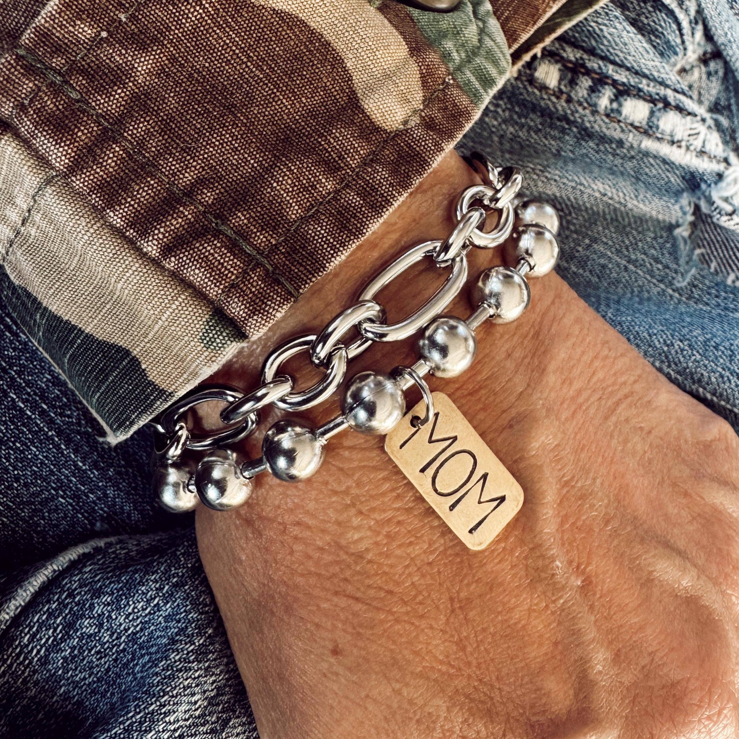 Hand Stamped MOM Brass Tag Bracelet: 7.5