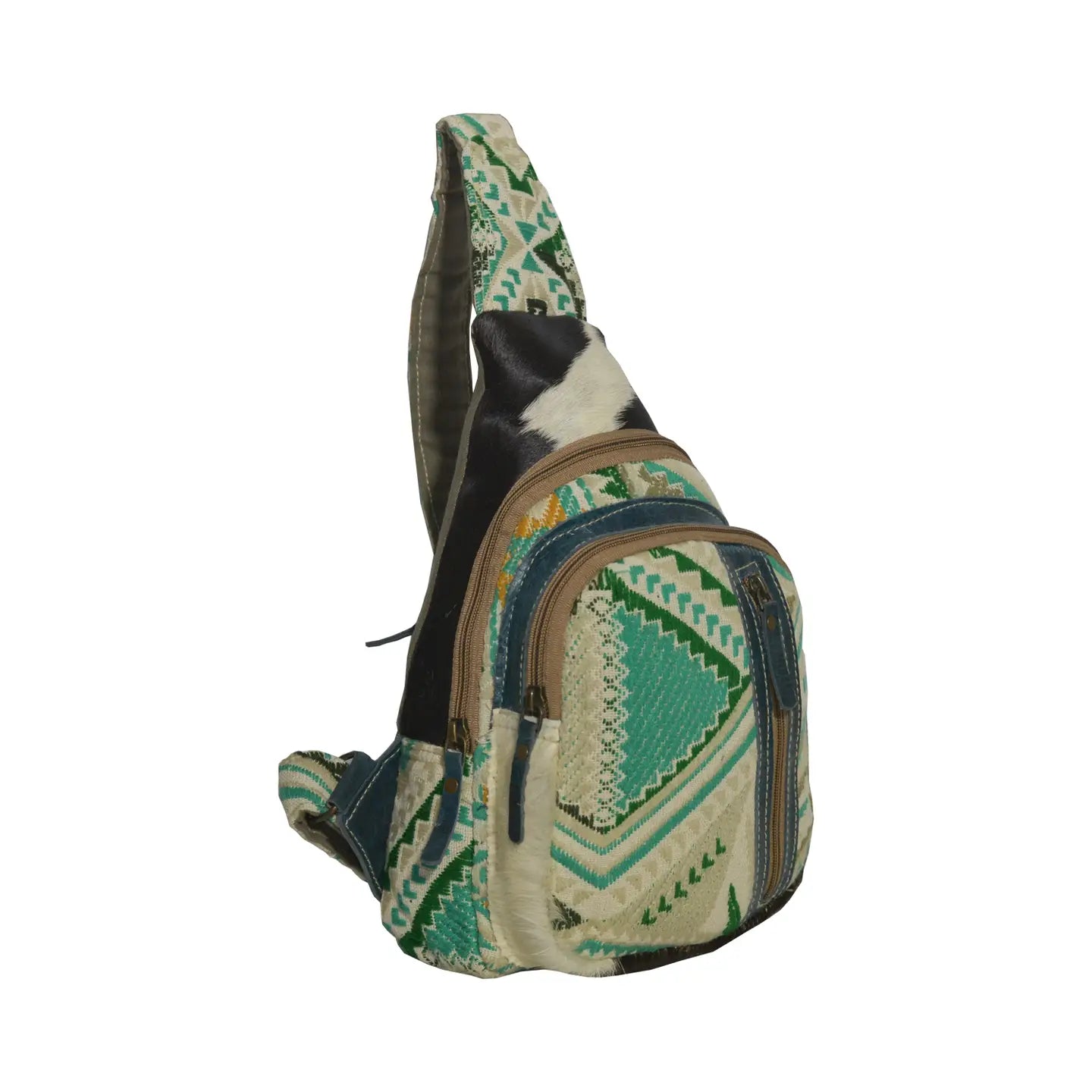 Turquoise Bohemian tapestry and cowhide Lanny sling bag