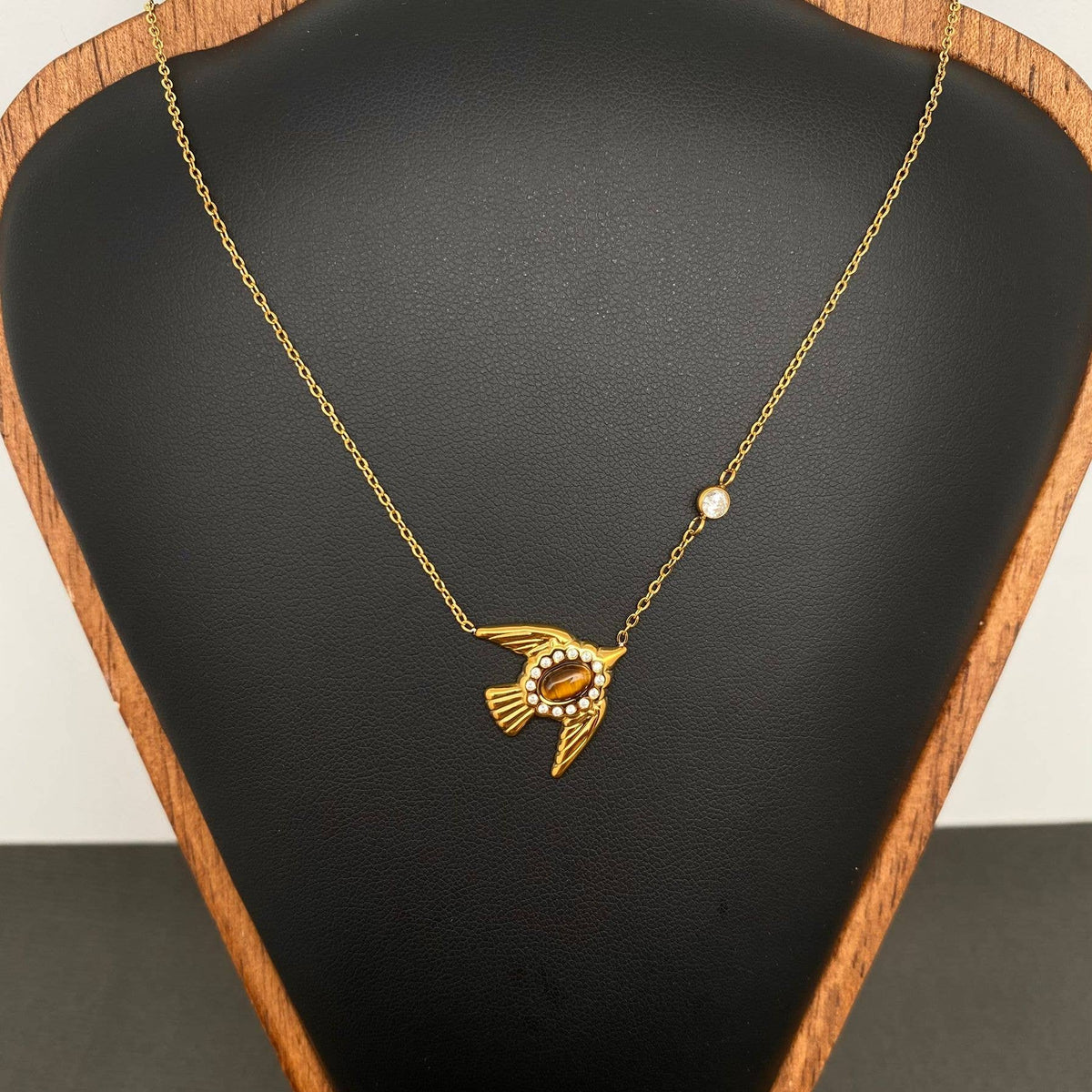 Stone Inlaid Bird 18K Gold Plated SS Charm Necklace - FGS