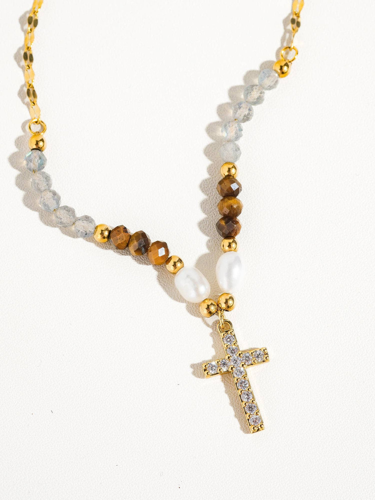 Lumiere 18K Gold Cross Necklace with Beads and Pearls: Yellow Gold